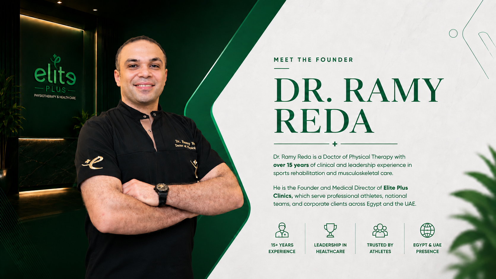 Luxury portrait banner of Dr. Ramy Reda, Founder and Medical Director of Elite Plus Clinics, featuring elegant dark and light design with green brand accents, highlighting over 15 years of experience in physiotherapy and sports rehabilitation across Egypt and UAE.