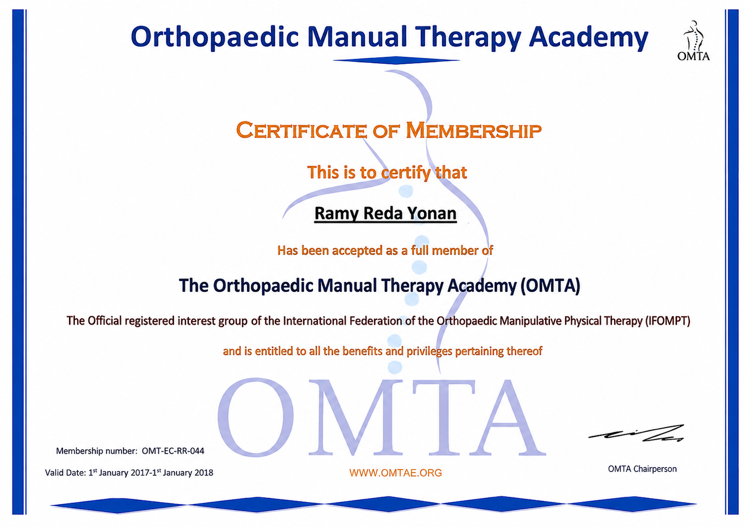 Orthopaedic Manual Therapy Academy Certificate
